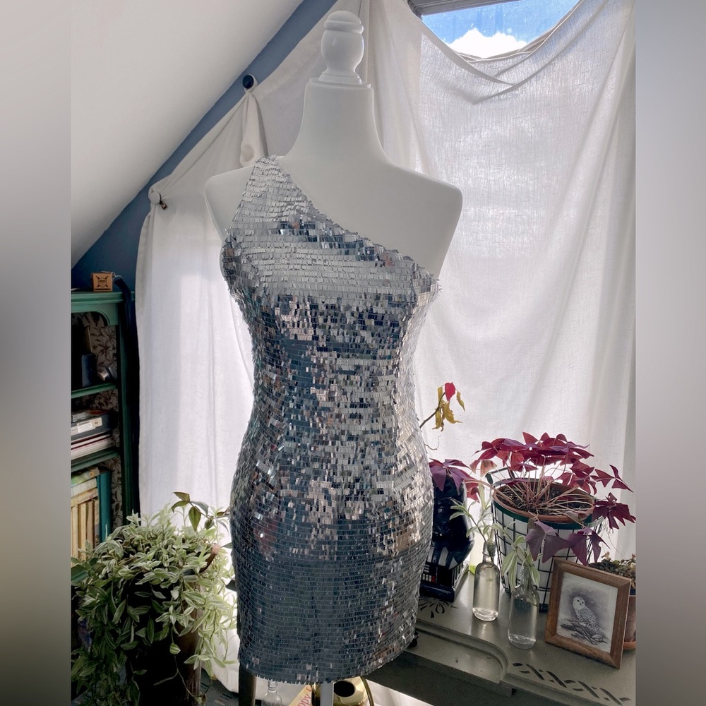 Silver Sequin Mirror Ball One-Shoulder Dress